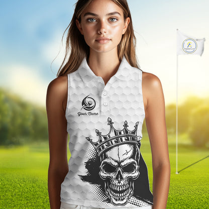Funny Skull Womens Sleeveless Golf Polo Shirts Golf Camo Pattern Custom Name Skull Golf Shirt, Golf Attire NBT555
