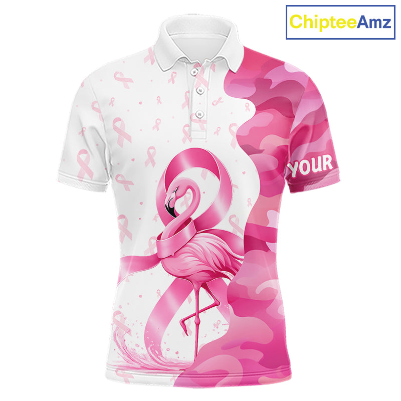 Matching polo shirt with pink flamingo design and breast cancer awareness ribbons