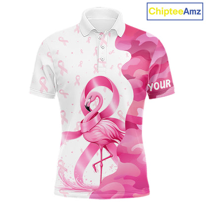 Matching polo shirt with pink flamingo design and breast cancer awareness ribbons