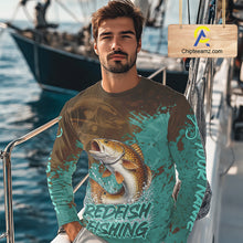 Load image into Gallery viewer, Personalized Redfish Fishing Shirts Long Sleeve Brown Turquoise Camo, Redfish Fishing Shirts For Men NBT396