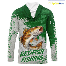 Load image into Gallery viewer, Personalized Redfish Long Sleeve Hooded Fishing Shirts Green Camo, Redfish Fishing Shirts For Men NBT398