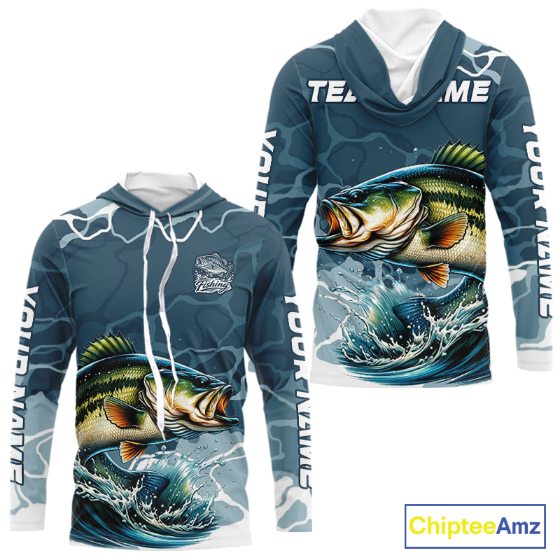 Custom Largemouth Bass Long Sleeve Hooded Tournament Fishing Shirts, Team Bass Fishing Jerseys NBT696