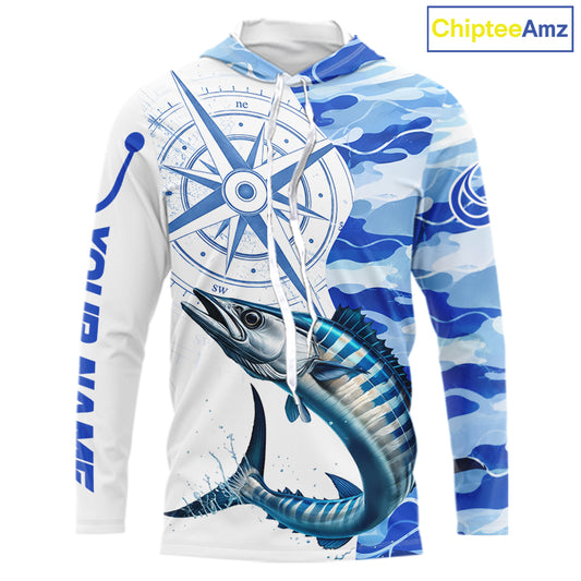 Custom Blue Camo Saltwater Wahoo Long Sleeve Hooded Fishing Shirts, Offshore Fishing Shirt NBT796