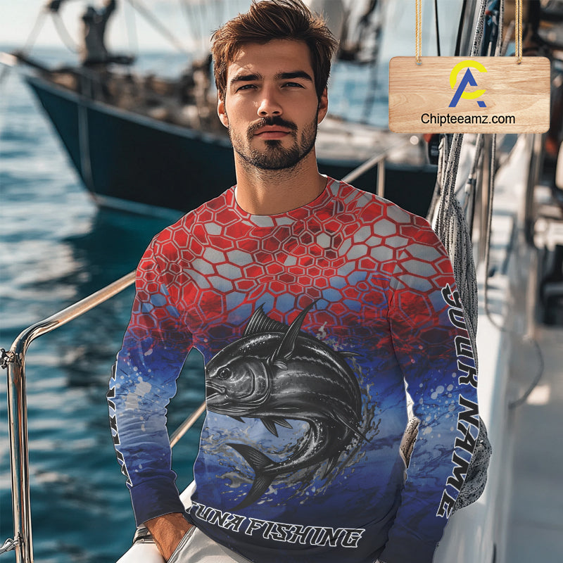 Custom Red Blue Tuna Fishing Long Sleeve Fishing Shirts, Saltwater Offshore Fishing Shirts NBT399