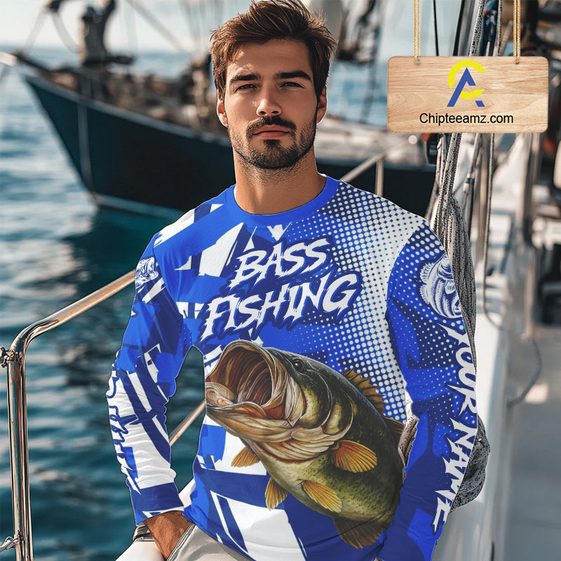 Blue Camo Largemouth Bass Fishing Shirts Long Sleeve, Bass Fishing Shirts For Men NBT442
