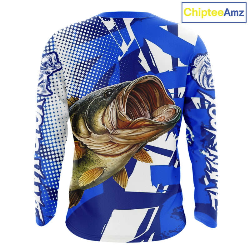 Blue Camo Largemouth Bass Fishing Shirts Long Sleeve, Bass Fishing Shirts For Men NBT442