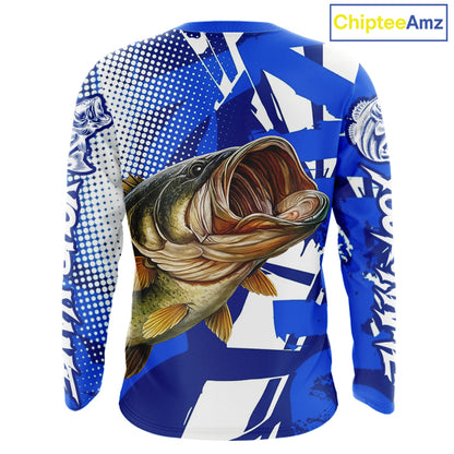 Blue Camo Largemouth Bass Fishing Shirts Long Sleeve, Bass Fishing Shirts For Men NBT442