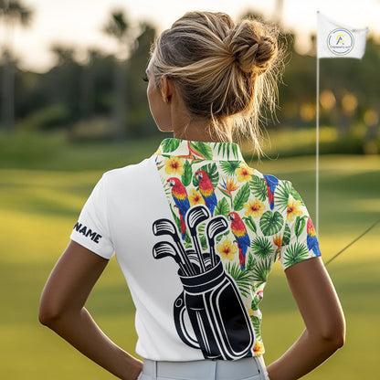 Funny Tropical Parrot And Golf Pattern Womens Polo Golf Shirts Custom Golf Team Shirts Golfer Outfit, Golf Gifts NBT700