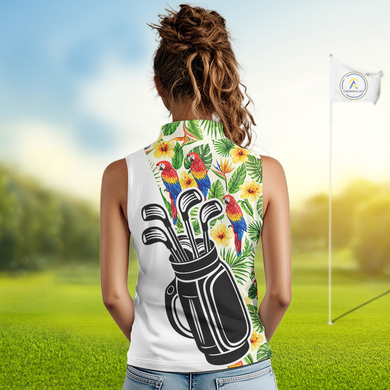 Funny Tropical Parrot And Golf Pattern Womens Sleeveless Polo Golf Shirts Custom Golf Team Shirts Golfer Outfit, Golf Gifts NBT700