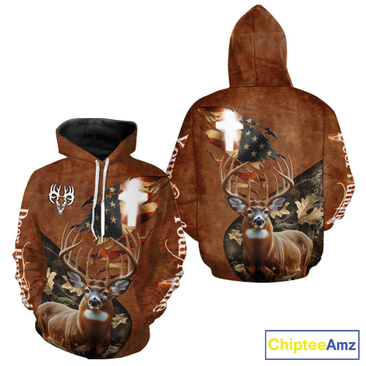 Whitetail Deer Hunting Leather Pattern US Flag Camouflage Custom Name 3D Shirts for Men NBT262