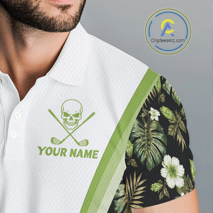 Custom Mens Golf Polo Shirts Funny Tropical Leaf Cross Skull Golf Clubs White Golf Shirt|Green NBT706