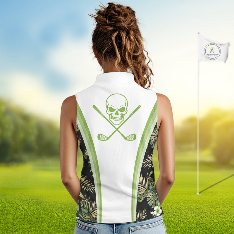 Custom Womens Sleeveless Golf Polo Shirts Funny Tropical Leaf Cross Skull Golf Clubs White Golf Shirt|Green NBT706