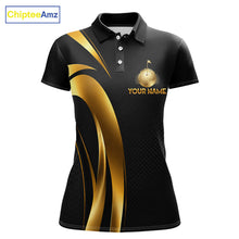 Load image into Gallery viewer, Front view of Black and Gold womens golf polo shirt with custom golf clubs design