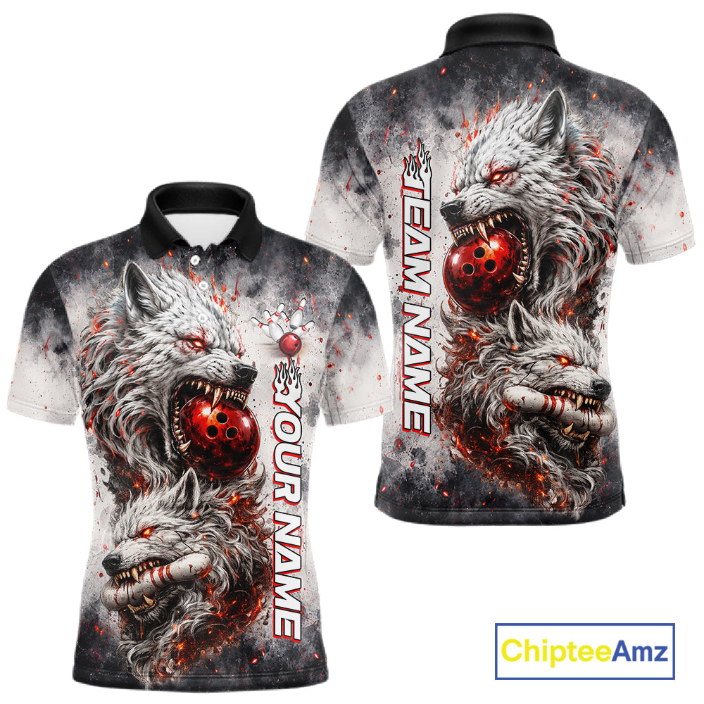 Front and back view of custom black and gray wolf bowling polo shirt for men