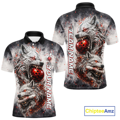 Front and back view of custom black and gray wolf bowling polo shirt for men