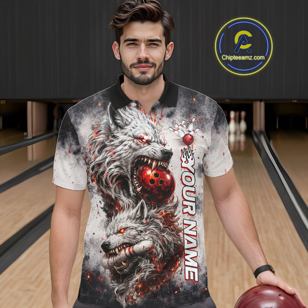 Bowler wearing custom black and gray wolf bowling shirt on the lanes