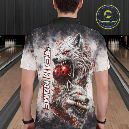Bowler wearing custom black and gray wolf bowling shirt on the lanes