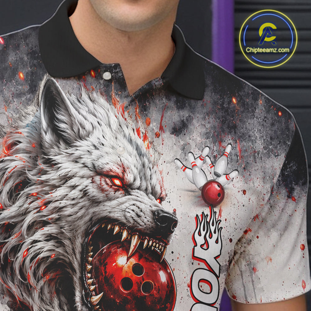 Detail view of black and gray wolf design on custom bowling polo shirt for men