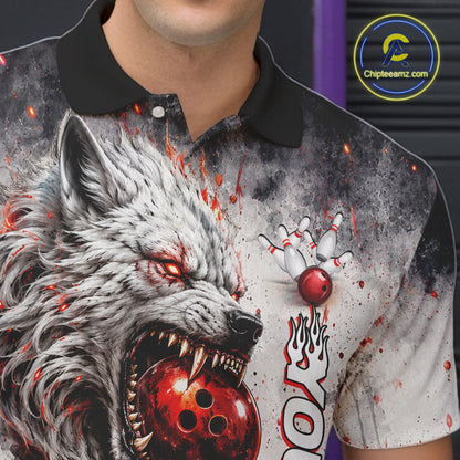 Detail view of black and gray wolf design on custom bowling polo shirt for men