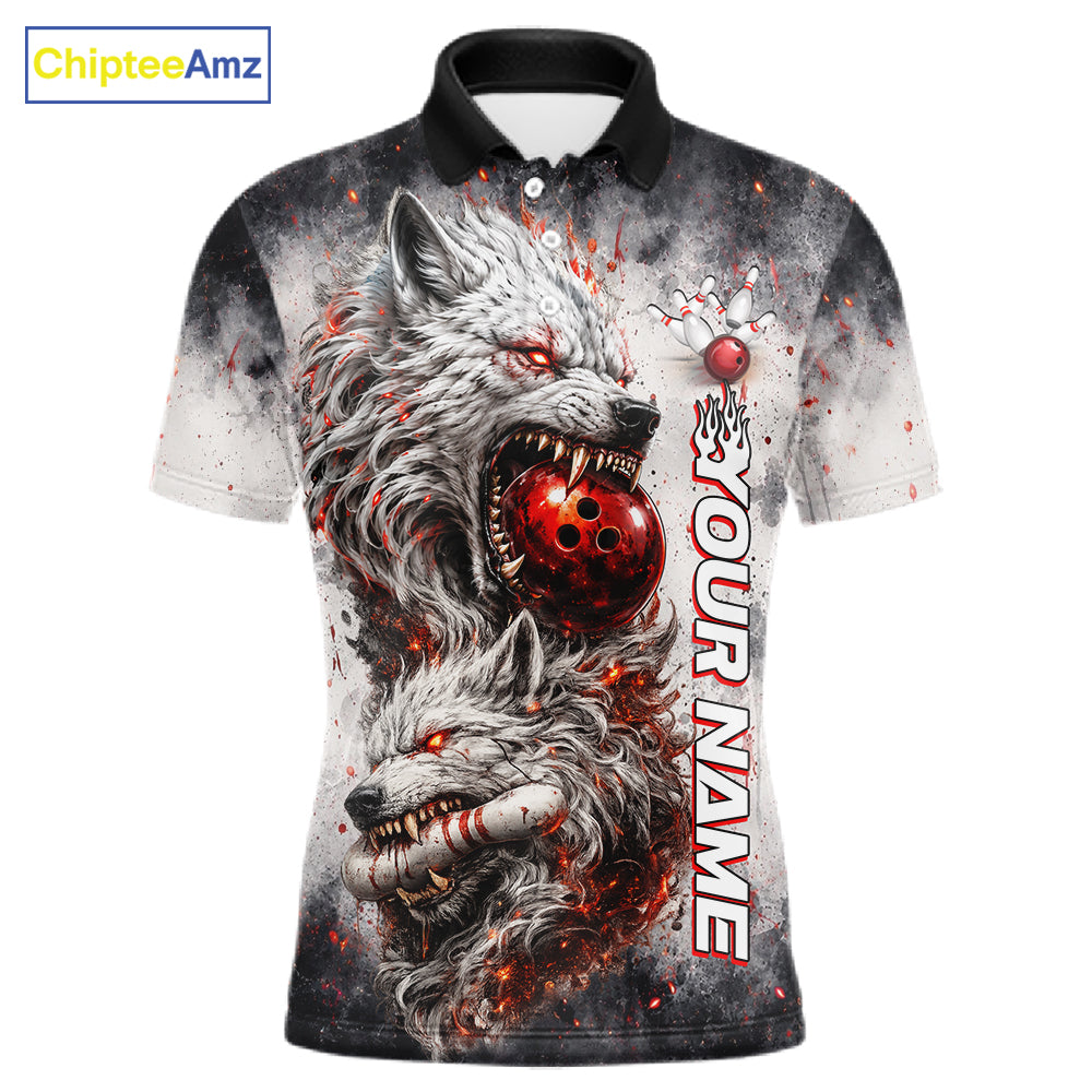 Front view of custom black and gray wolf bowling polo shirt for men