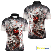 Load image into Gallery viewer, Front and back view of custom black and gray wolf bowling polo shirt for men