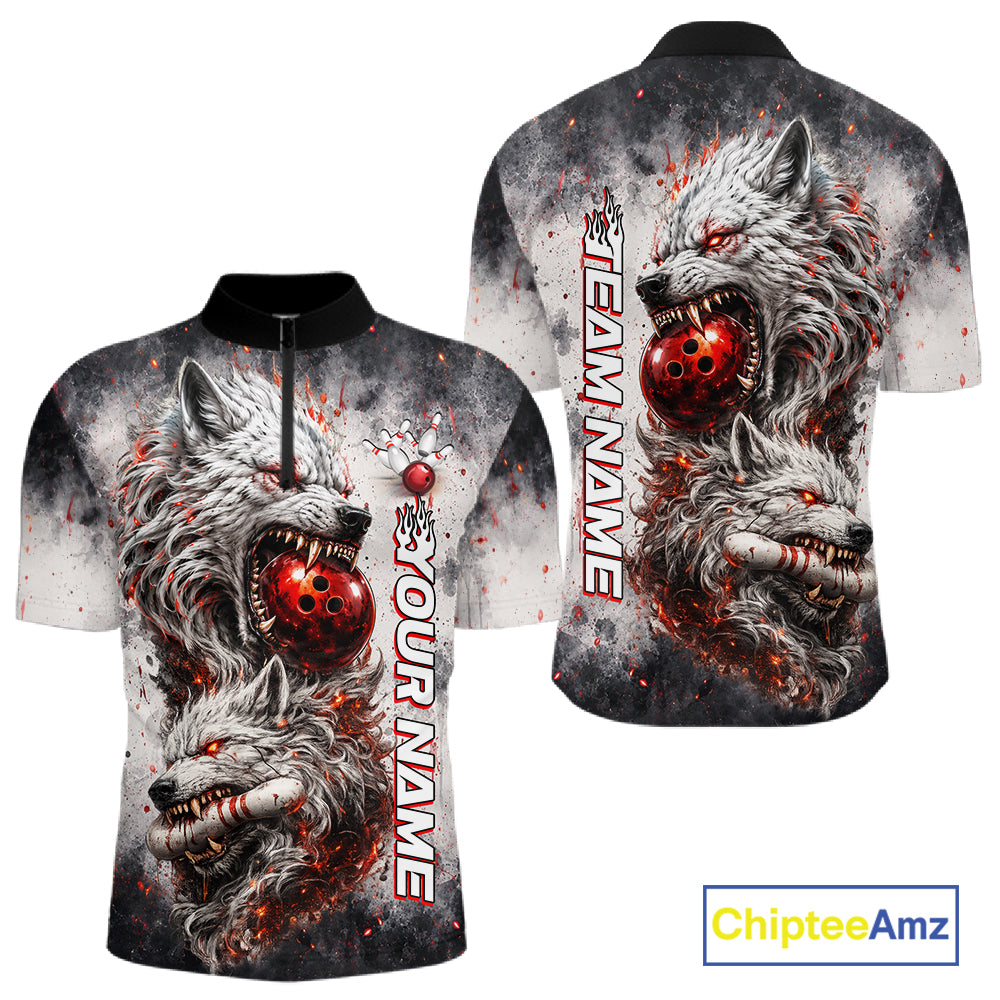 Front and back view of custom black and gray wolf bowling quarter zip bowling jersey for men