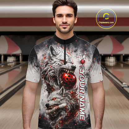 Front view of custom black and gray wolf bowling quarter zip bowling jersey for men