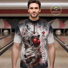 Load image into Gallery viewer, Front view of custom black and gray wolf bowling quarter zip bowling jersey for men