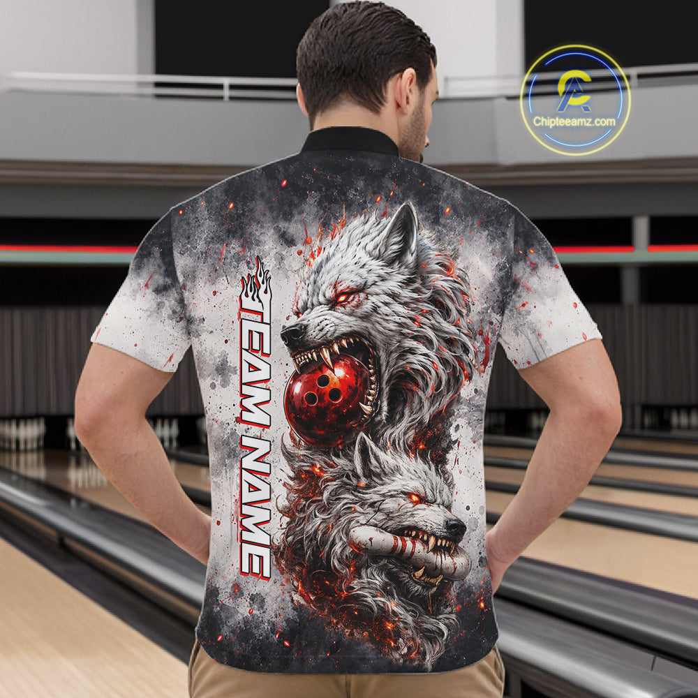 Back view of custom black and gray wolf bowling quarter zip bowling jersey for men