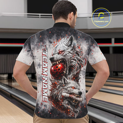 Back view of custom black and gray wolf bowling quarter zip bowling jersey for men
