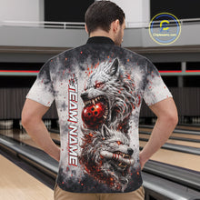 Load image into Gallery viewer, Back view of custom black and gray wolf bowling quarter zip bowling jersey for men