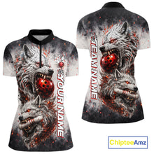 Load image into Gallery viewer, Front and back view of custom black and gray wolf bowling quarter zip bowling jersey for women