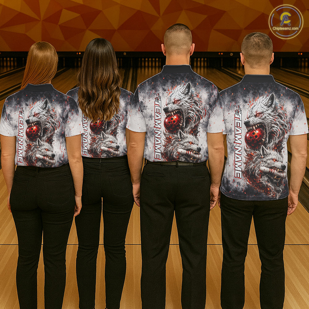 Bowling team wearing matching custom black and gray wolf bowling jerseys with personalized names