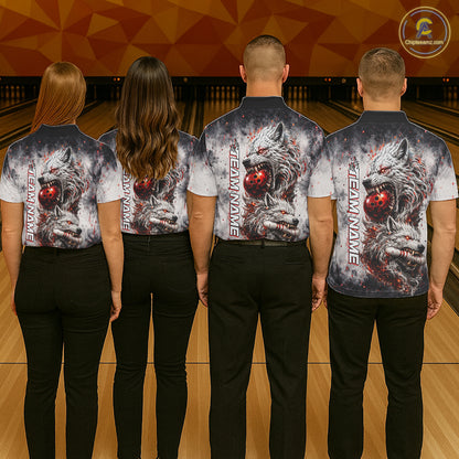Bowling team wearing matching custom black and gray wolf bowling jerseys with personalized names