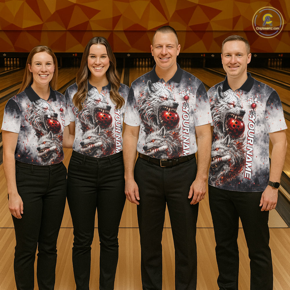 Bowling team wearing matching custom black and gray wolf bowling jerseys with personalized names
