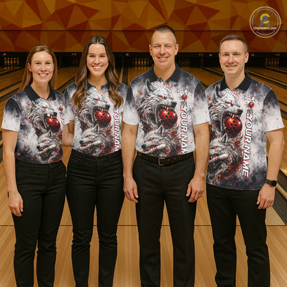 Bowling team wearing matching custom black and gray wolf bowling jerseys with personalized names