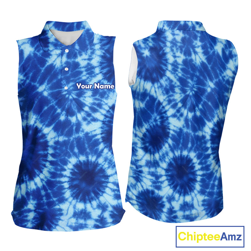 Womens Sleeveless Golf Polo Shirts Blue Tie Dye Background Custom Name Golf Shirt, Golf Gifts NBT569