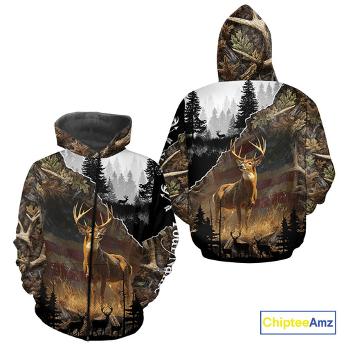 Whitetail Deer Hunting US Flag Camouflage Custom 3D Shirts, Personalized Deer Hunting Shirt NBT196