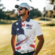 Load image into Gallery viewer, Man wearing a personalized white golf polo men shirt custom name with American flag 4th July polo shirt on a golf course