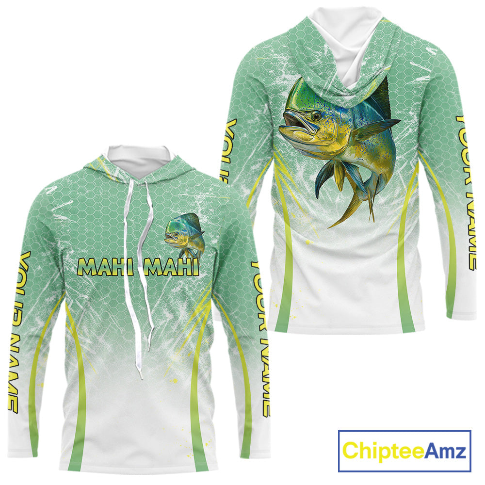 Mahi Mahi Fishing Shirt Long Sleeve Hooded Green Camo, Saltwater Fishing Shirts For Men NBT405