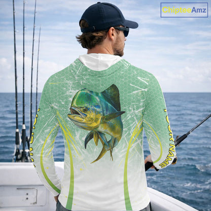 Mahi Mahi Fishing Shirt Long Sleeve Hooded Green Camo, Saltwater Fishing Shirts For Men NBT405