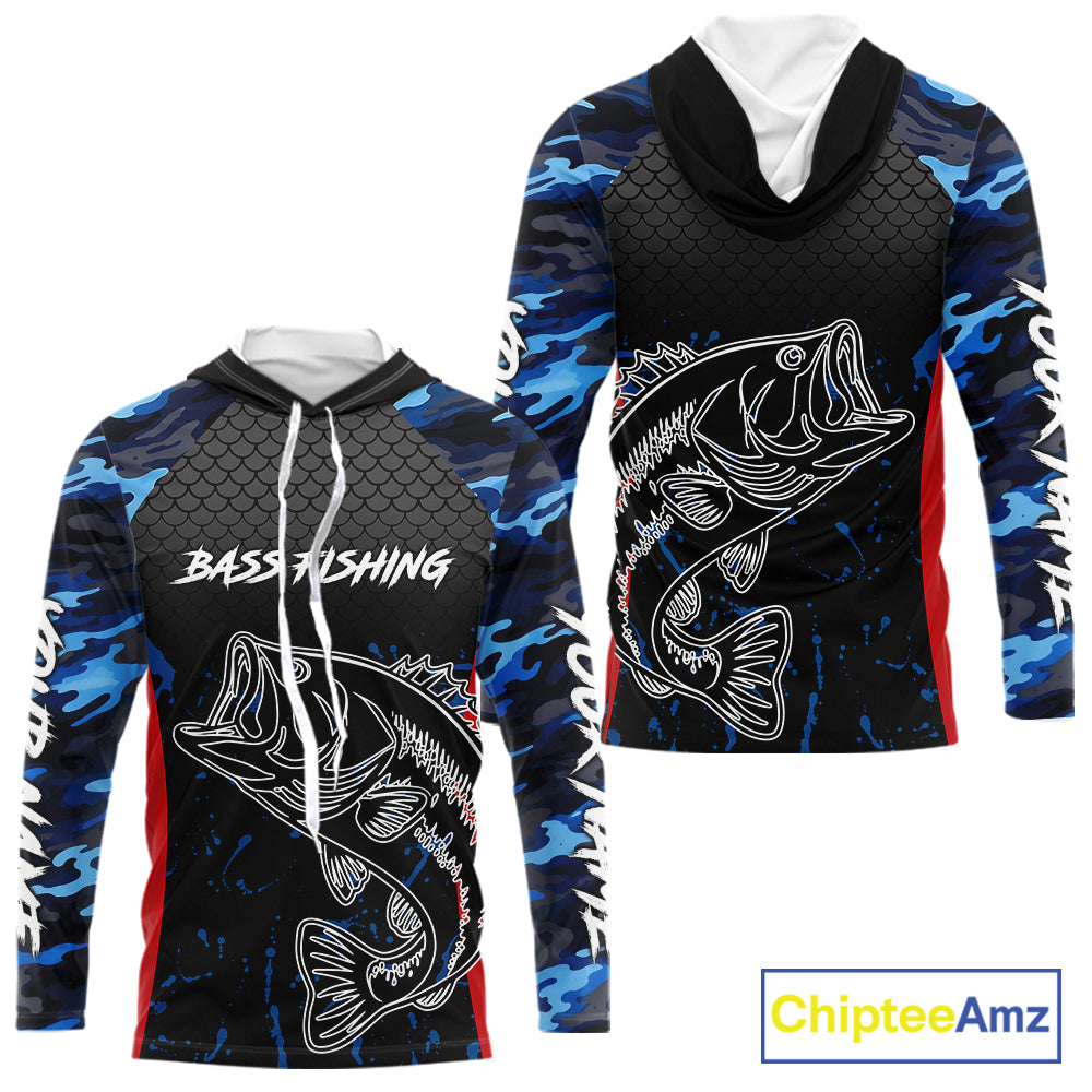 Bass Fishing Hooded Long Sleeve Shirts Blue Camouflage Fish Scale Tournament Bass Fishing Shirts NBT363