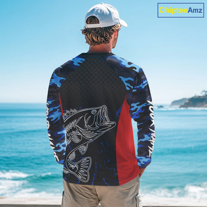 Bass Fishing Shirts Long Sleeve Blue Camouflage Fish Scale Custom Name Tournament Bass Fishing Shirts NBT363