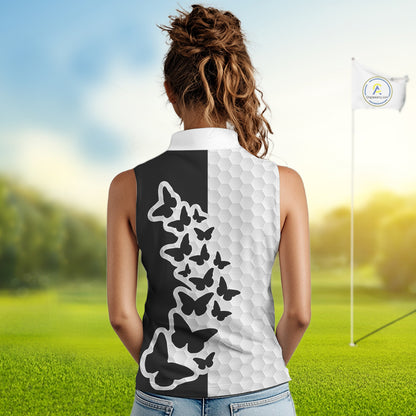 Black And White Butterfly Womens Sleeveless Golf Polo Shirt Custom Name White Golf Shirts, Golf Attire NBT595