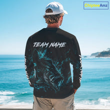 Load image into Gallery viewer, Angler wearing personalized neon camo bass fishing long sleeve shirt on the boat - back view with personalized name