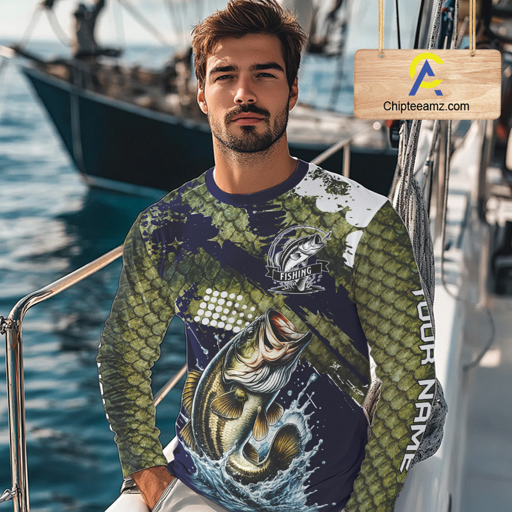 Custom Bass Fishing Green Bass Scales Fishing Shirts For Men, Bass Fishing Shirts NBT470