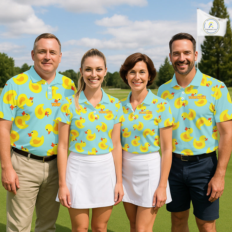 Funny Rubber Duck Golf Shirt for team golf group - multiple golfers wearing cute yellow rubber duck Polo shirts, custom team name 
