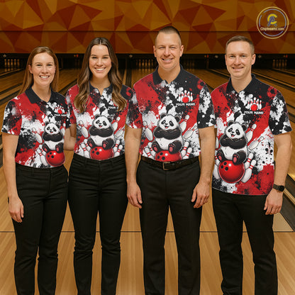 Bowling team wearing matching funny black and red panda bowling jerseys with personalized names