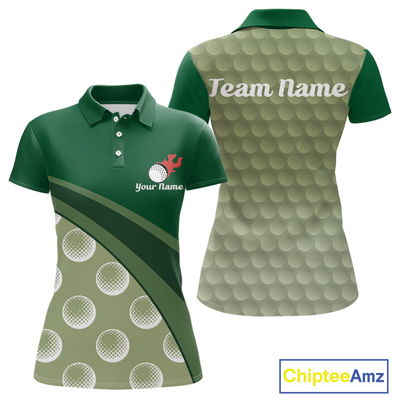 back view of custom name womens golf polo shirt funny green golf balls golf apparel