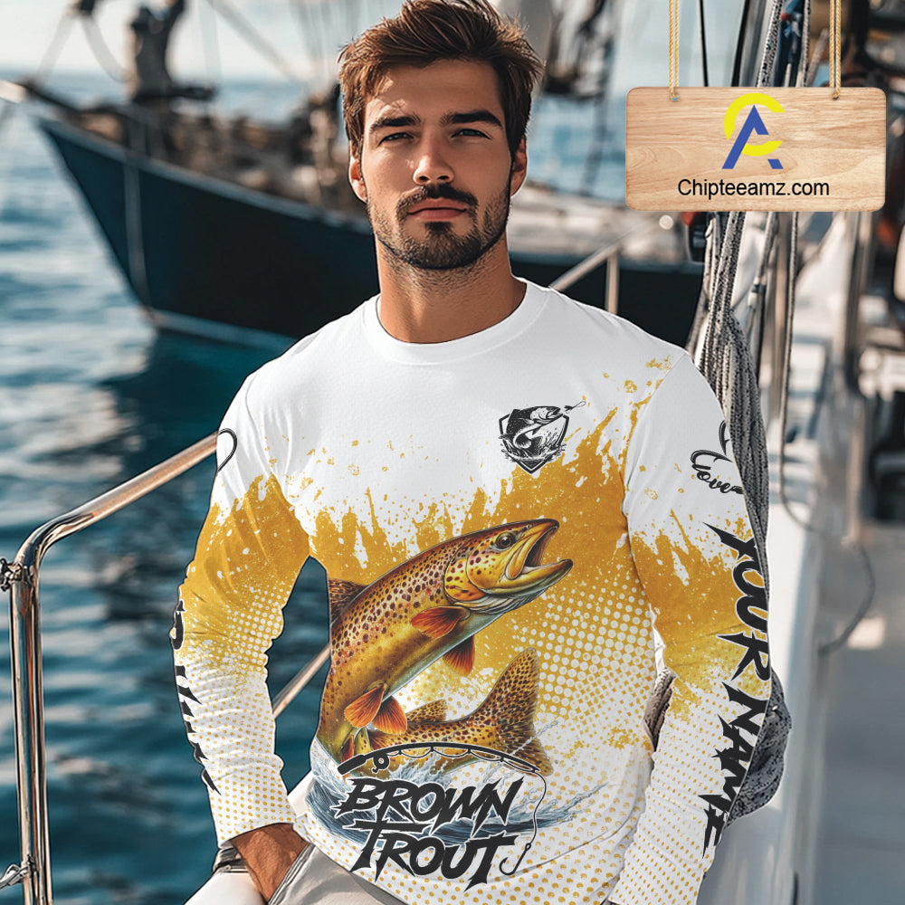Custom Brown Trout Long Sleeve Fishing Shirts Yellow Camo Fishing Lures, Custom Fishing Jerseys NBT377
